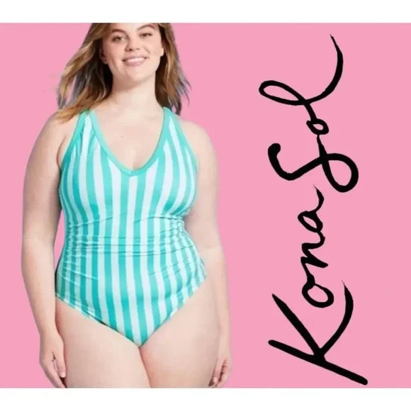 Kona Sol Women’s Blue & White Striped V-Neck High-Leg Swimsuit – New - Picture 9 of 10